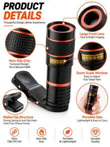 10pcs Universal 20X/12X/8X Telephoto Lens Attachment, Clip-On Telephoto Lens For Single Camera Lens, Zoom Lens With Phone Clip For Photography And Video Recording (Not Compatible With Dual And Triple Camera Configurations) - Monocular - View 7