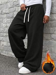 Men's Thermal Lined Wide Leg Sweatpants, Loose Drape With Drawstring, Elastic Waist, Street Casual Style Versatile, Autumn/Winter Essential Fashion Sports Long Pants - Black - View 6