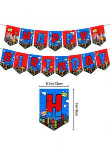 1 Set Happy Birthday Paper Triangle Bunting Banner, City Architecture Grid Pattern Flag Garland, Red & Blue Cartoon Theme Hanging Decoration, Suitable For Birthday Party, Theme Party, Indoor/Outdoor Wall Decor And Photo Backdrop Props - View 2