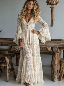 Women Long Dresses - Apricot - View 1