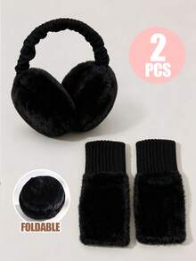 1Set Teen Girls Soft Plush Winter Accessory Set, Foldable Fluffy Earmuffs & Ribbed Knit Fingerless Gloves For Daily School Outdoor And Holiday Gifts - Earmuffs + Gloves - View 6