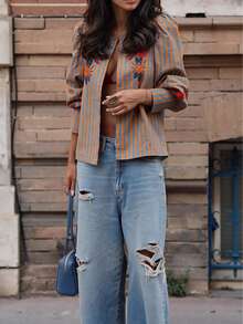 Women's Open Front Printed Embroidered Long Petal Sleeve Round Neck Loose Short Woven Blue & Orange Jacket, Vintage Casual Weekend Outfit, Spring/Autumn - Orange Blue - View 2