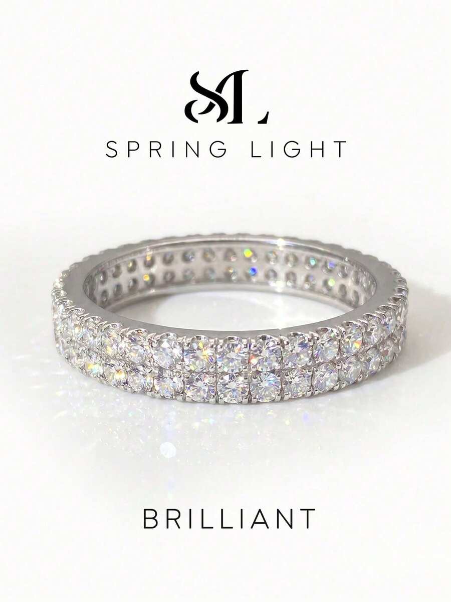 1pc Moissanite Ring, Fashionable Double Row Full Pave Diamond Ring With Band, Suitable For Women's Wedding And Daily Wear