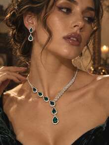 outingfit 1 Set Emerald Green Water Drop Jewelry 2 Pieces Set Gift Accessories Fashion Multi-Color Full Rhinestone Earrings & Necklace Set - Silver - View 2