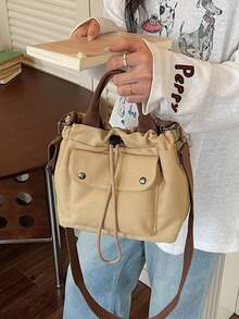女款日常休閒尼龍防水純色水桶包，手提包兼肩背斜挎信使包 - 卡其色 - 查看 5