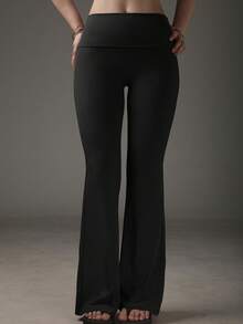 Y2K Fold-Over Waist Tummy Control Butt-Lifting Flare Pants, Black Slimming Long Pants For Autumn/Winter, Casual Versatile, Outdoor Fitness, Party Wear - Black - View 2