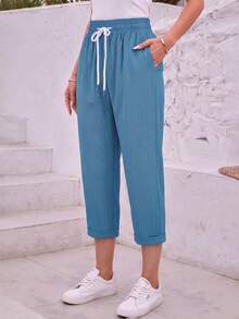 Jisfaneya Women's Solid-Color Lace-Up Pocket Casual Cropped Pants - Lake Blue - View 2