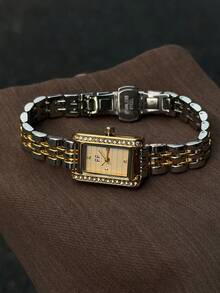 1pc Stylish Two-Tone Women's Quartz Watch Gold Dial Rhinestone Bezel & Markers Perfect For Daily Wear Or Gifting - Silver and Gold - View 3