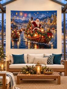 1PC Santa Christmas Lantern Harbor Festival Horizontal Wall Tapestry, Gift Boat Snowy Village Holiday Backdrop, Faux Ultra-Soft Polyester Single-Sided Print, White Overlock Edge, Multiple Sizes - Multicolor - View 6
