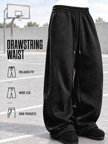 Black Sweatpants For Men, Baggy Sweatpants, Wide Leg Sweatpants, Track Pants, Athletic Pants, Drawstring Waist, Side Pockets, Open Hem, Streetwear - Black - View 1