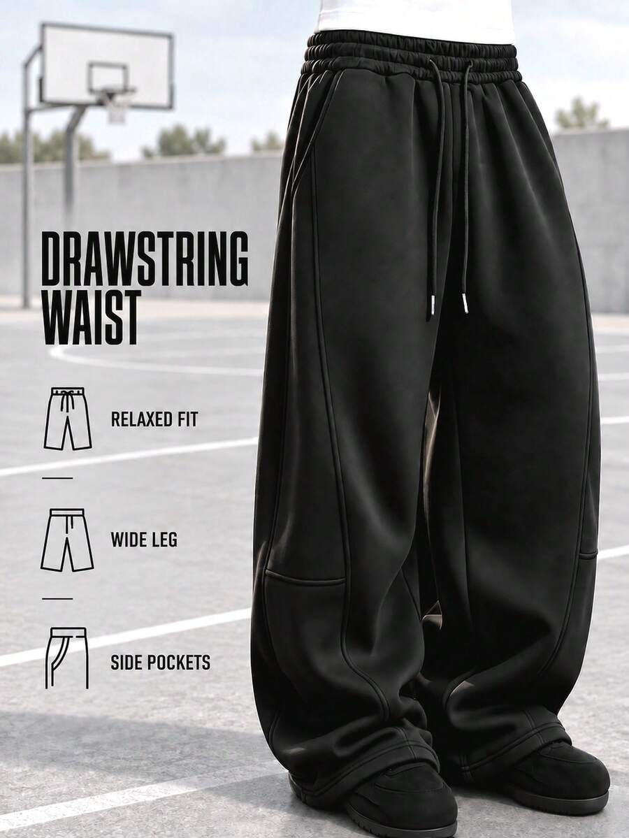 Black Sweatpants For Men, Baggy Sweatpants, Wide Leg Sweatpants, Track Pants, Athletic Pants, Drawstring Waist, Side Pockets, Open Hem, Streetwear - Black - View 1