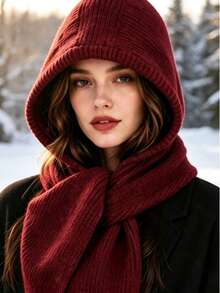 Hooded Knit Scarf, One‑Piece Hat Scarf Combo, Ribbed Knit Scarf With Hood, Winter Head And Neck Wrap Accessory, Multi‑Color Option For Cold Weather Daily Winter Outfit Matching - Multicolor - View 17
