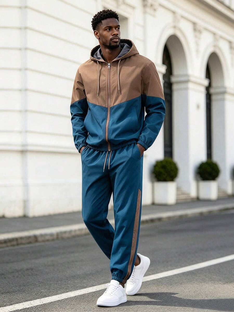 Men's Spring And Autumn Color-Block Hooded Jacket And Sports Set, Suitable For Street Wear, Sports Running, Camping, And Cycling, Twopiece Set