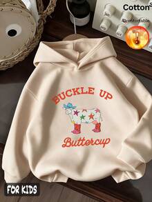 Autumn/Winter 3 Pieces Set For Girls: Fleece Hooded Sweatshirt With Denim Boots, Decorated With Horseshoe, Bow, Flower, Cow Print, Y2K Style - Apricot + Apricot + Apricot - View 5