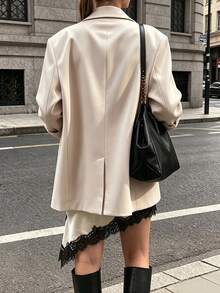 Women's Autumn/Winter Fashion Light Commute Oversized Padded Shoulder Mid-Length Single-Breasted One-Button Long Sleeve Blazer Jacket With Lining - Beige - View 2