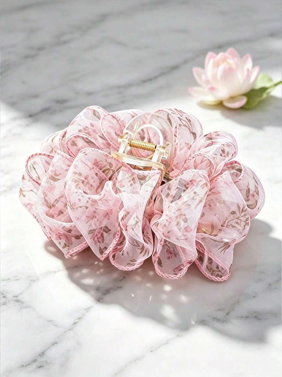 1pc Cloud Floral Bubble Back Of Head Large Bow Hair Claw Clip - Pink - View 1