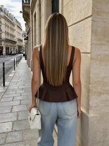 All-Season Versatile Tank Top, Dark Color Stretch Knit Casual Summer - Brown - View 3