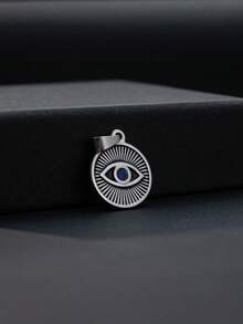 American Retro Stainless Steel Necklace, Round Tag With Color Stone Eye Embossed Pendant For Men Daily Street Outfit - Silver - View 4