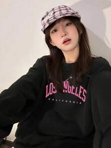 Vintage Collegiate Style LOS ANGELES Large Letter Crew Neck Sweatshirt, Minimalist Loose Drop Shoulder Casual Autumn Versatile - Black - View 9