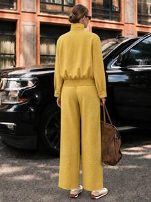 Sollinarry Women's Autumn/Winter New Solid Color Stand Collar Short Jacket & High Waist Pleated Wide Leg Pants 2 Pieces Set, Drawstring Neckline And Elastic Hem, Suitable For Commuting, Office, Casual Outings - Yellow - View 3