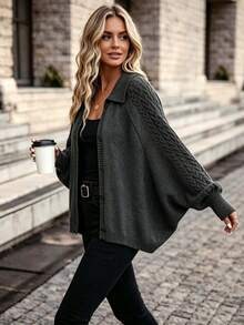 Sweater Kardigan Kancing Lengan Kelelawar Longgar Kerah Syal Rajut Kabel Tali Kepang Warna Polos Ukuran Besar, Musim Gugur/Dingin - Dark Grey - View 4