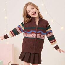 Tween Girls Striped Colorblock Knit Sweater, Cable Knit Zip Up Mock Neck, Long Sleeve Preppy School Top, Cozy Fall Winter - Multicolor - View 1