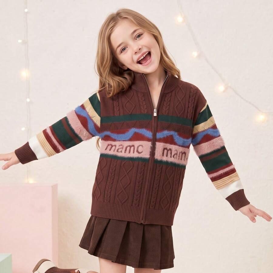 Tween Girls Striped Colorblock Knit Sweater, Cable Knit Zip Up Mock Neck, Long Sleeve Preppy School Top, Cozy Fall Winter - Multicolor - View 1