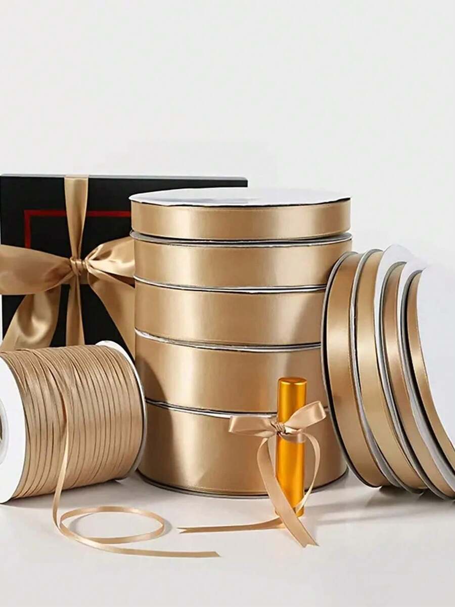 1 Roll Champagne Gold Jacquard Satin Ribbon, 0.6cm/1cm/4cm/5cm Wide, Polyester Satin Ribbon, Gift Box Packaging Bow Decoration Tape - Multicolored - View 1