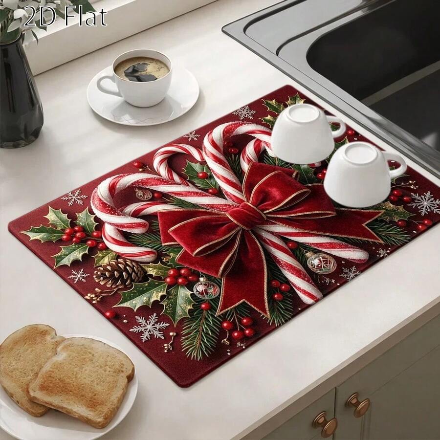 1pc Christmas Element Welcome Doormat, Diatomaceous Earth Absorbent Small Rug, Non-Slip Floor Mat, Suitable For Stove, Coffee Machine, Water Bar, Christmas, Halloween Home Decor, Indoor/Outdoor Front Door, Kitchen Area