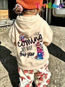 TOMARMON Young Girl Hooded Sweatshirt With Traditional Lion Dance Pattern And Letter Print, Long Sleeve Top #Good Luck Theme # - Apricot - View 4