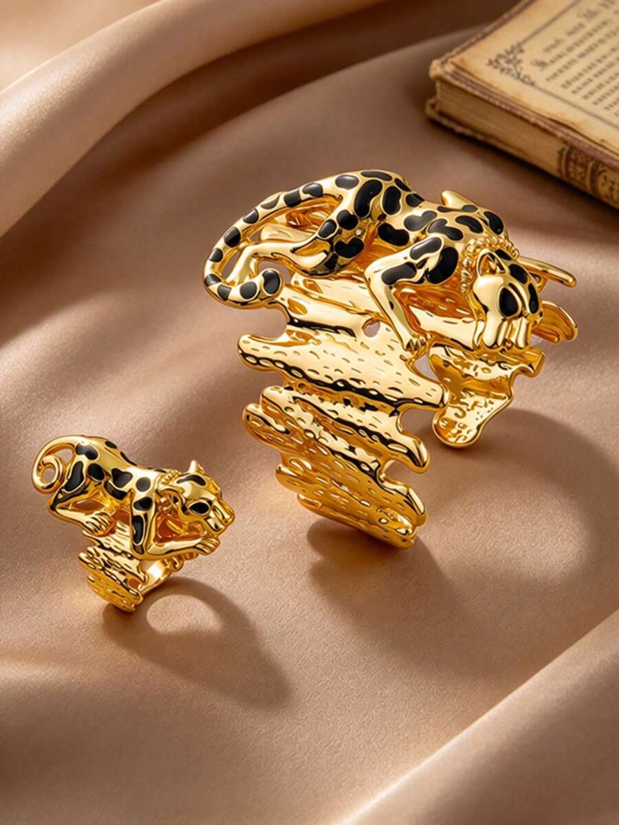 Letingsha Gold-Plated Black Enamel Leopard Print Cufflinks Bracelet And Open Ring Set, Luxury Animal-Shaped Jewelry, Suitable For Women, Perfect For Weddings, Banquets And Daily Party Accessories - Yellow Gold - View 1