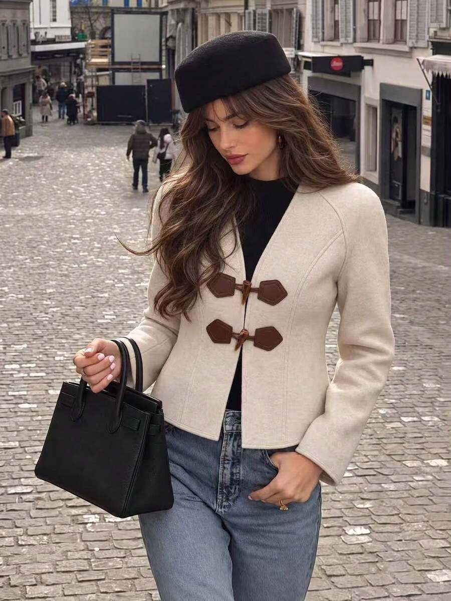 Vuslat Women's Autumn Vintage Horn Button Long Sleeve Open Front Overcoat, Suitable For Daily Wear, Back To School, Party, Halloween - Apricot - View 1