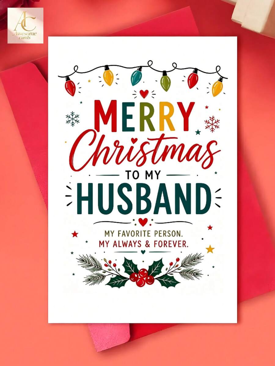 Romantic Christmas Greeting Card For Husband, Colorful Xmas Light Holly Design Holiday Card, Sweet Love Quote Season Card For Spouse - One Size Fits All - View 1