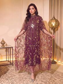Luxurious Beaded & Sequin Arabian Maxi Dress, Stand Collar Cloak Sleeves, Perfect For Formal Events - Red Gold - View 1