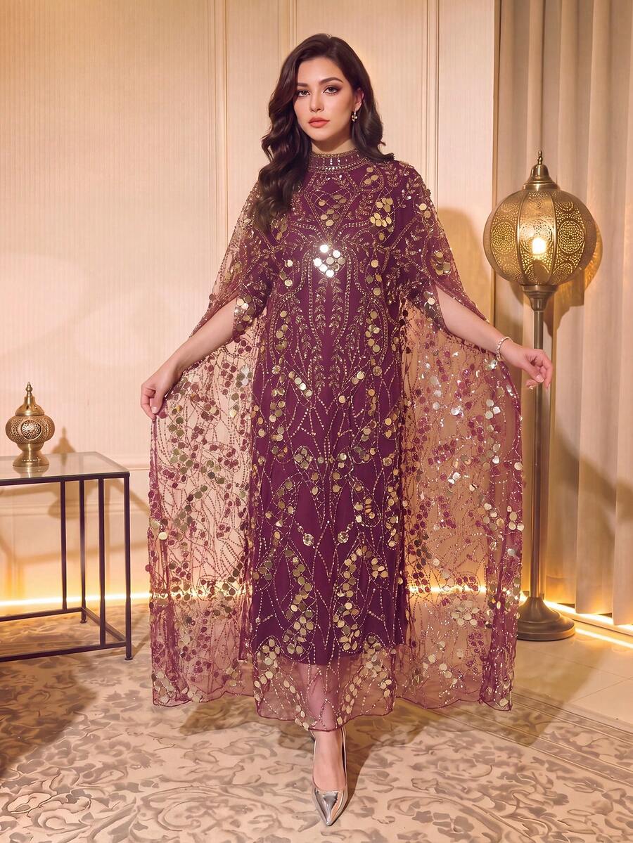 Luxurious Beaded & Sequin Arabian Maxi Dress, Stand Collar Cloak Sleeves, Perfect For Formal Events - Red Gold - View 1