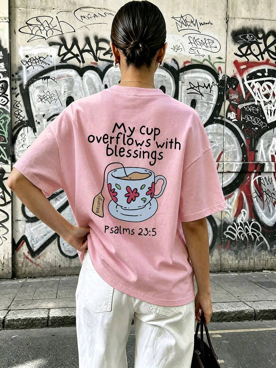 夏季新款女款針織正裝版型T恤,印有聖經經文,短袖,極簡時尚休閒粉色 - 粉色 - 查看 1