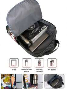 1pc Fashion Pattern Multi-Purpose Backpack, Popular Lightweight Printed Backpack, Fashionable Outdoor Commuter Bag, Large Capacity Travel Bag, Multi-Function Storage Backpack, Adjustable Shoulder Straps, Back To School, Valentine's Day Best Gift, Gift For Friends Or Others, Gift For Men, A Fun Gift - Black - View 7
