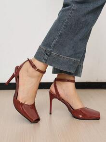Women's Red One-Strap Backless Peep Toe High Heel Pumps Square Toe Stiletto Heel Summer Slimming Open Toe Fashion Sandals - Red - View 3