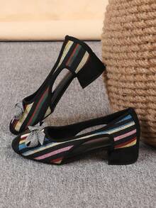 [加大版均碼]方頭低楦頭粗跟女鞋，百搭蝴蝶結一腳蹬高跟鞋，時尚大尺碼 35-43 - 黑色中空彩條(條鑽) - 查看 5