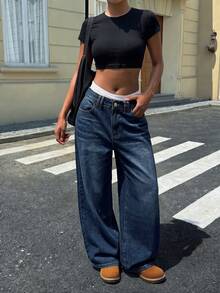 Women's Casual Denim Wide Leg Pants, With Button Pockets And Zipper Details, Non-Stretch Fabric, Suitable For Daily Wear - Navy Blue - View 2