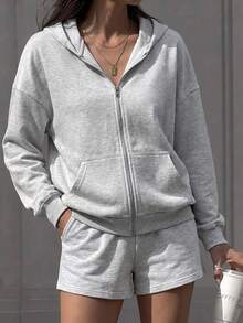NOIRLYN Women's Casual Sweatshirt 2 Pieces Set, Solid Color Hooded Zip-Up Long Sleeve Jacket Top With High-Waisted Wide Leg Shorts Outfit, Autumn/Winter - White Flower Gray - View 7