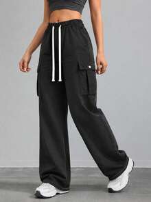 Black Wide Leg Cargo Pants For Women With Elastic Drawstring Waist Flap Pockets Relaxed Loose Fit Trousers For Daily Wear - Black - View 9
