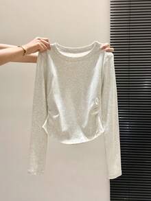 Women's Short Long Sleeve T-Shirt, Classic Crew Neck Design, Soft Skin-Friendly Fabric, Slightly Stretchy And Comfortable, Suitable For Daily Layering - Grey - View 5