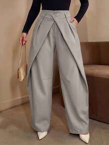 Women's Autumn Light Gray Double-Button Loose Fit Trousers, Cross Front Pleated Draped Long Pants, Minimalist Commute Casual Daily Versatile Pants - Light Grey - View 3