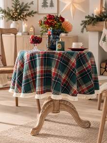 Round Christmas Plaid Tablecloth Red Green Tartan With Tassel Fringe Edge, Scandinavian Style Holiday Dining Table Cover, Cozy Winter Home Decor - Green - View 2