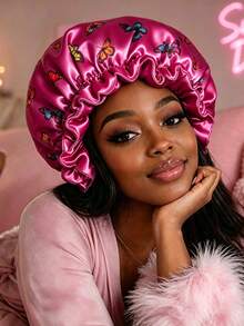 1pc Reversible Double Layer Satin Hair Bonnet For Women, Colorful Butterfly Print Ruffled Trim Sleep Cap, Silky Protective Night Natural Hair - Lace Hat - View 6