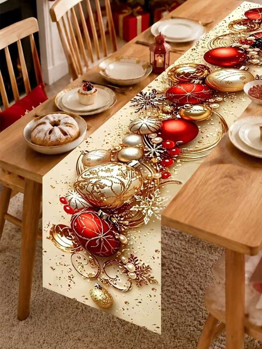 1件紅色金色雪花與聖誕球桌旗,波浪邊緣,適合聖誕冬季假期餐桌裝飾,農舍風長方形聚酯纖維桌布,櫥櫃旗飾,季節性家居布置,聖誕裝飾 - 金色 - 查看 1