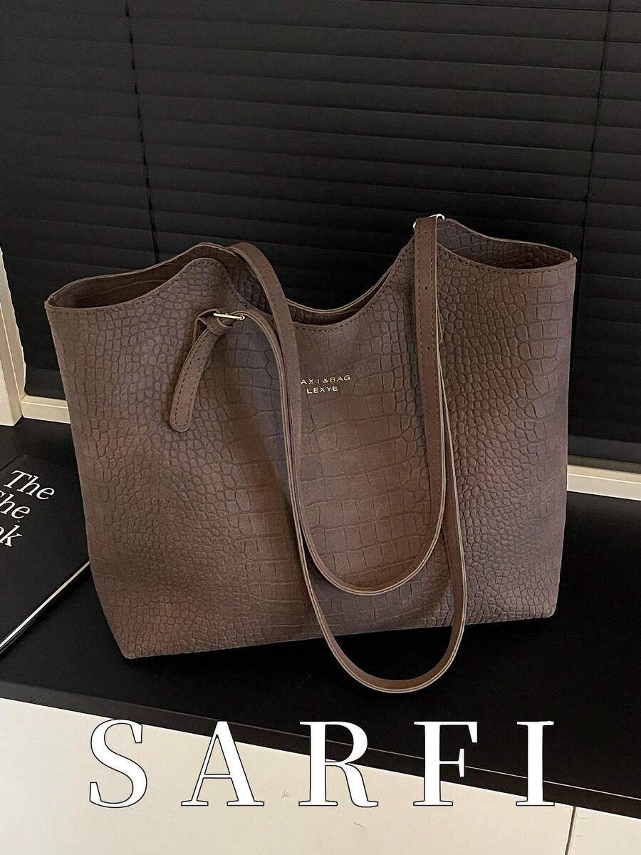 New Autumn And Winter Crocodile Patterned PU Material Women's Tote Bag, Fashionable And Versatile Large Capacity Storage Shoulder Bag/Commuting Bag - Coffee Brown - View 1