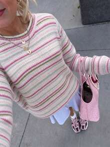 SUNSTORY Autumn Colorful Horizontal Striped Crew Neck Loose Knit Sweater, Casual Basic Country Style Top, Suitable For - Multicolor - View 3