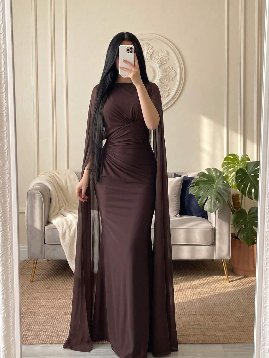 Elegant Casual Party Vacation Wedding Formal Evening Batwing Sleeve Party Date Dress - Brown - View 1